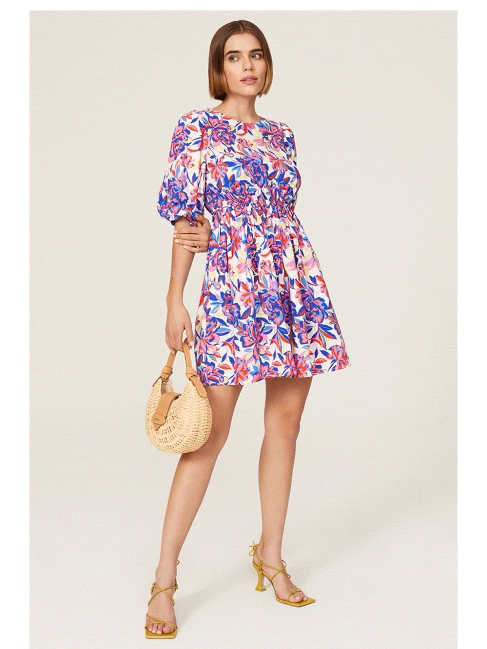 EUC Peter Som Floral Puff-Sleeve Mini Dress in Blue and Pink